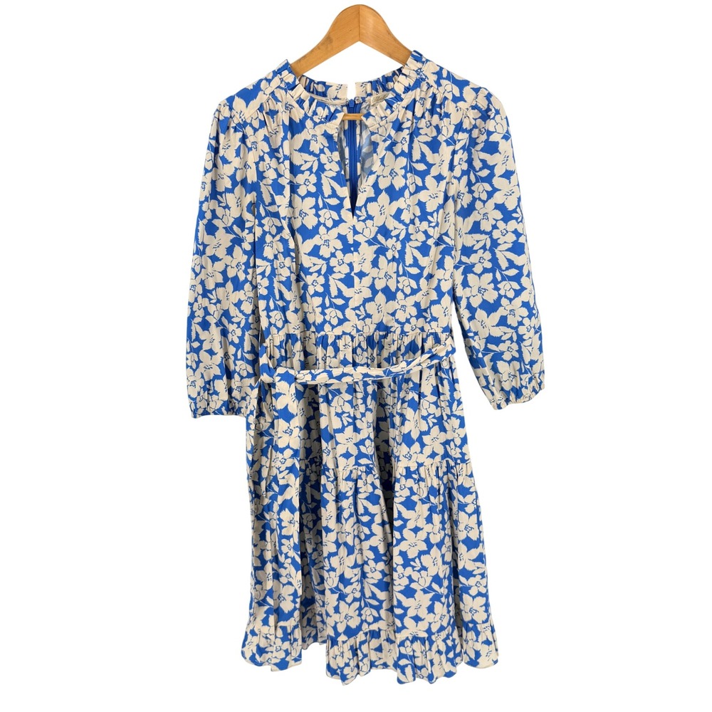 Shoshanna Floral Midi Dress Belted Ruffle‎ Hem Split Neck Blue Ivory Size 4 - Picture 8 of 8